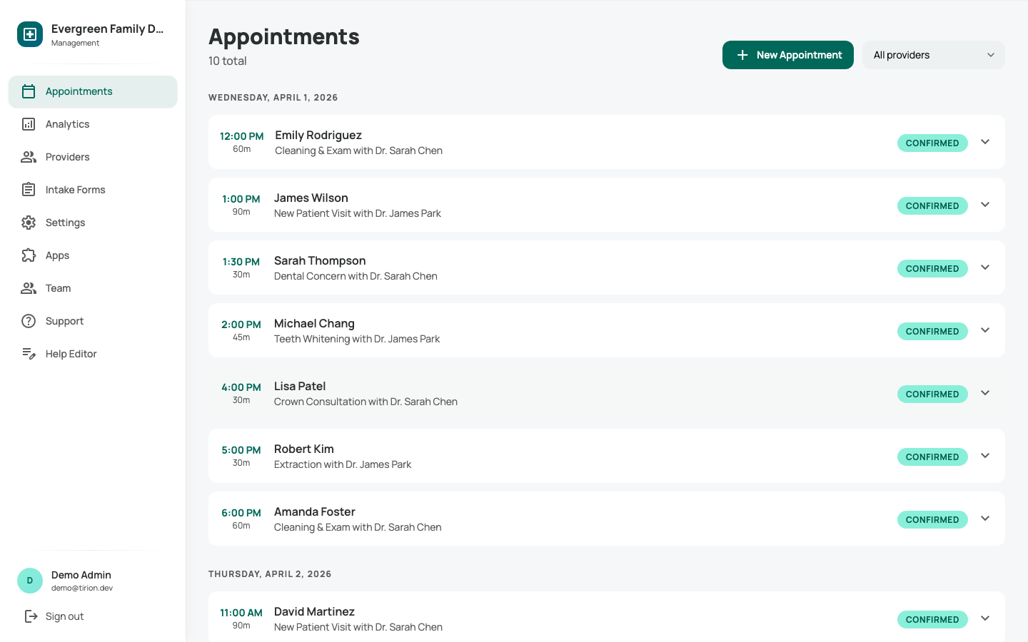 Chimera dashboard showing upcoming appointments