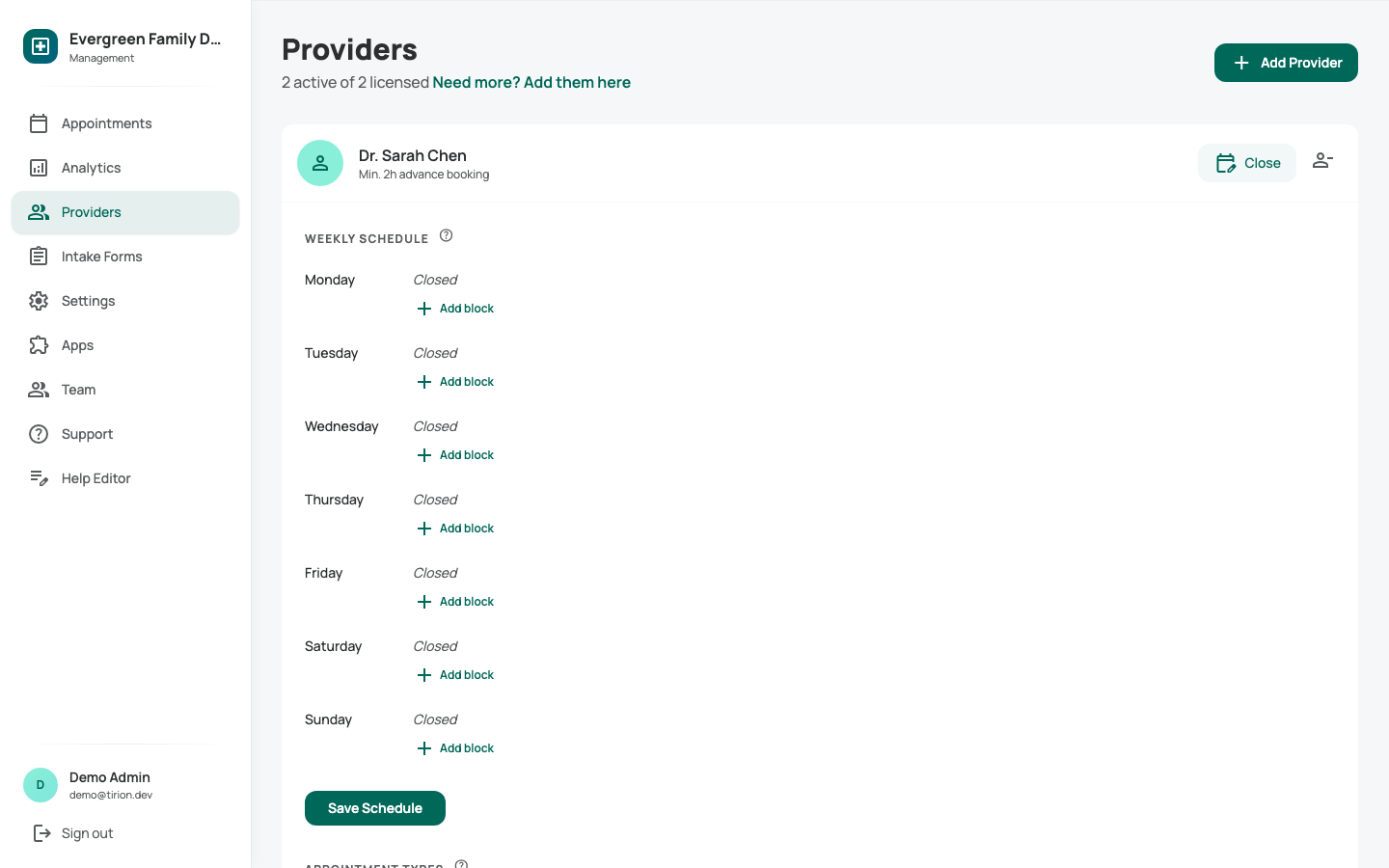 Provider schedule editor showing weekly time blocks