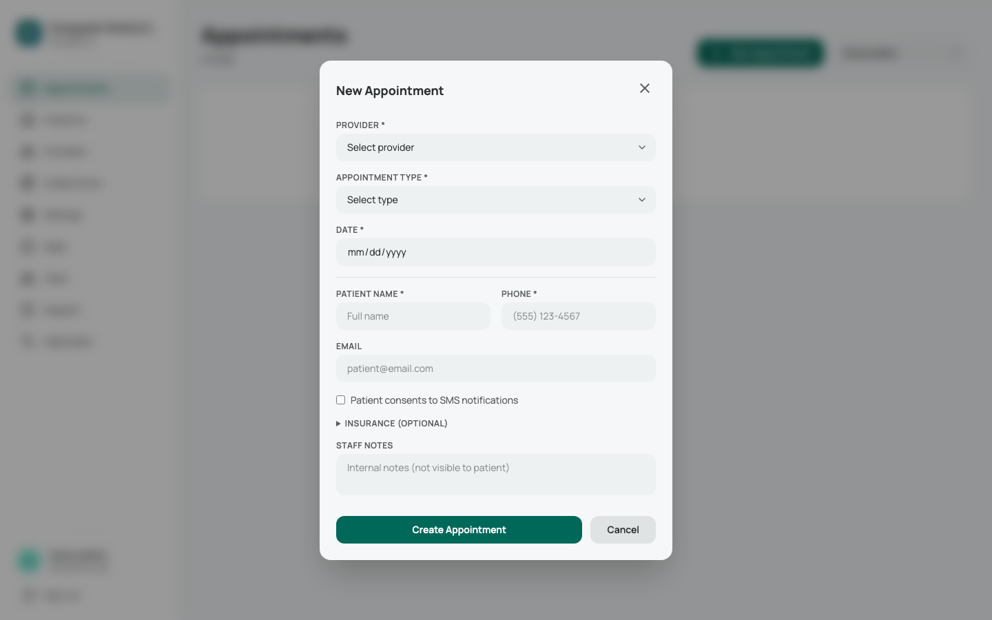 New appointment modal in the dashboard